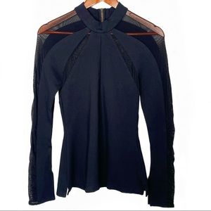 Free People Black Mesh Detail Long Sleeve Blouse